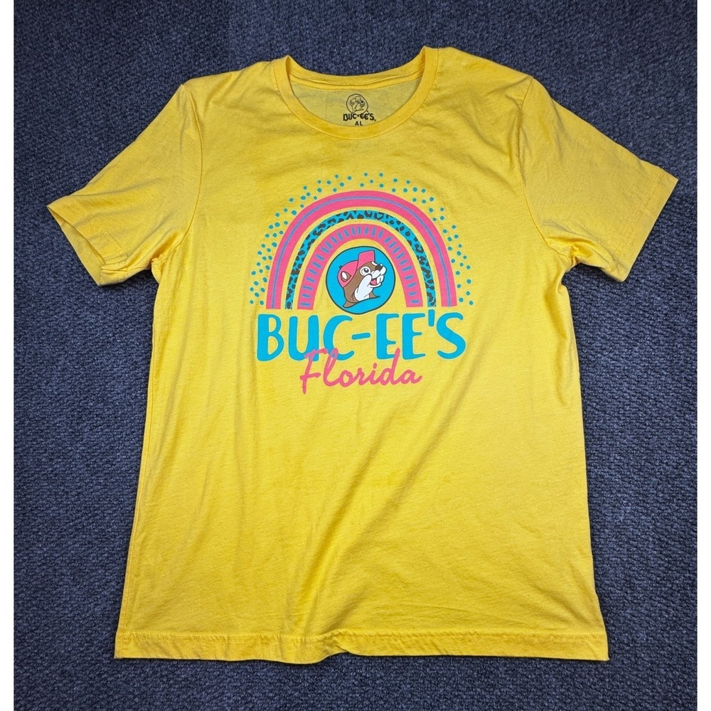 Buc-ee's‎ Womens Yellow Pink Rainbow Florida Graphic Short Sleeve T-Shirt Size L